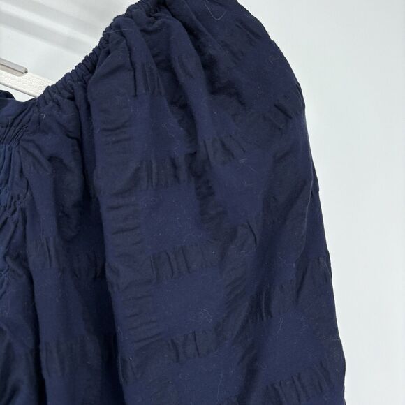 Anthropologie Maeve Smocked Top Large Navy Searsucker Windowpane Balloon Sleeve - Picture 8 of 11
